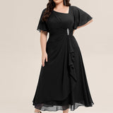 ever LILOU|Robe de soirée mi-longue en mousseline de soie à manches courtes