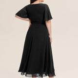ever LILOU|Robe de soirée mi-longue en mousseline de soie à manches courtes
