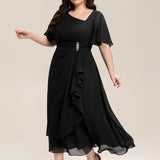 ever LILOU|Robe de soirée mi-longue en mousseline de soie à manches courtes