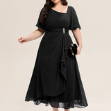 ever LILOU|Robe de soirée mi-longue en mousseline de soie à manches courtes