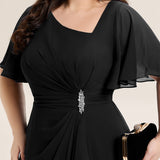 ever LILOU|Robe de soirée mi-longue en mousseline de soie à manches courtes