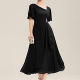 ever LILOU|Robe de soirée mi-longue en mousseline de soie à manches courtes