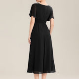 ever LILOU|Robe de soirée mi-longue en mousseline de soie à manches courtes