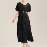ever LILOU|Robe de soirée mi-longue en mousseline de soie à manches courtes
