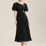 ever LILOU|Robe de soirée mi-longue en mousseline de soie à manches courtes