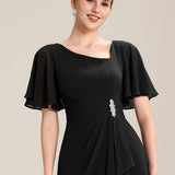 ever LILOU|Robe de soirée mi-longue en mousseline de soie à manches courtes