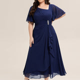 ever LILOU|Robe de soirée mi-longue en mousseline de soie à manches courtes