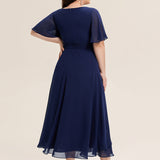 ever LILOU|Robe de soirée mi-longue en mousseline de soie à manches courtes