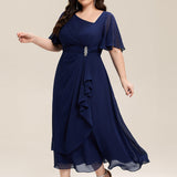 ever LILOU|Robe de soirée mi-longue en mousseline de soie à manches courtes
