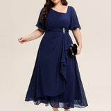 ever LILOU|Robe de soirée mi-longue en mousseline de soie à manches courtes