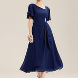 ever LILOU|Robe de soirée mi-longue en mousseline de soie à manches courtes