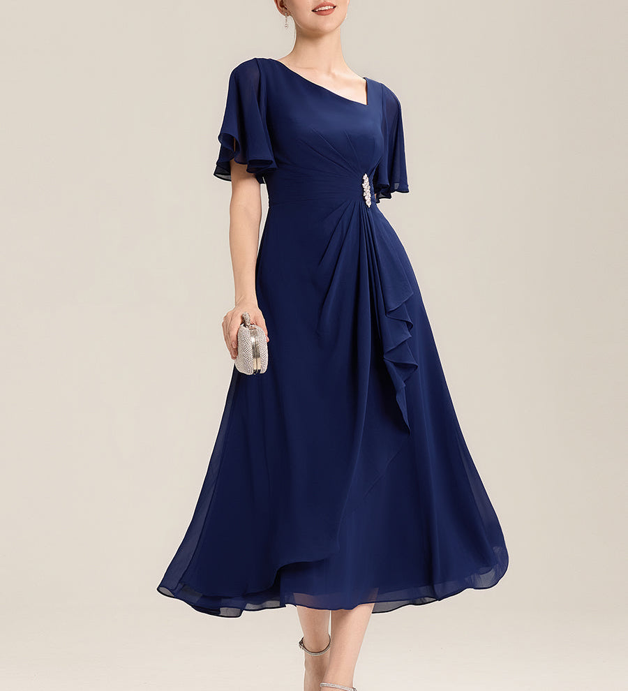 ever LILOU|Robe de soirée mi-longue en mousseline de soie à manches courtes