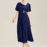 ever LILOU|Robe de soirée mi-longue en mousseline de soie à manches courtes