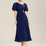 ever LILOU|Robe de soirée mi-longue en mousseline de soie à manches courtes
