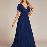 ever DAPHNE|Robe de soirée formelle scintillante à manches courtes et col en V