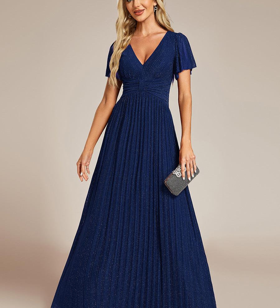 ever DAPHNE|Robe de soirée formelle scintillante à manches courtes et col en V