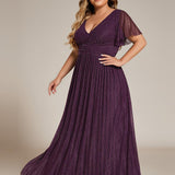 ever DAPHNE|Robe de soirée formelle scintillante à manches courtes et col en V