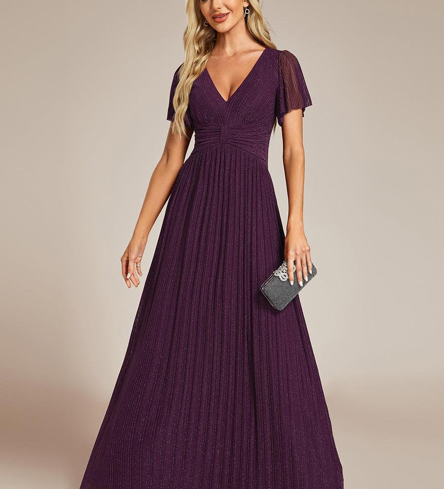 ever DAPHNE|Robe de soirée formelle scintillante à manches courtes et col en V
