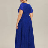 ever DAPHNE|Robe de soirée formelle scintillante à manches courtes et col en V