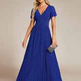 ever DAPHNE|Robe de soirée formelle scintillante à manches courtes et col en V
