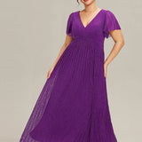 ever DAPHNE|Robe de soirée formelle scintillante à manches courtes et col en V