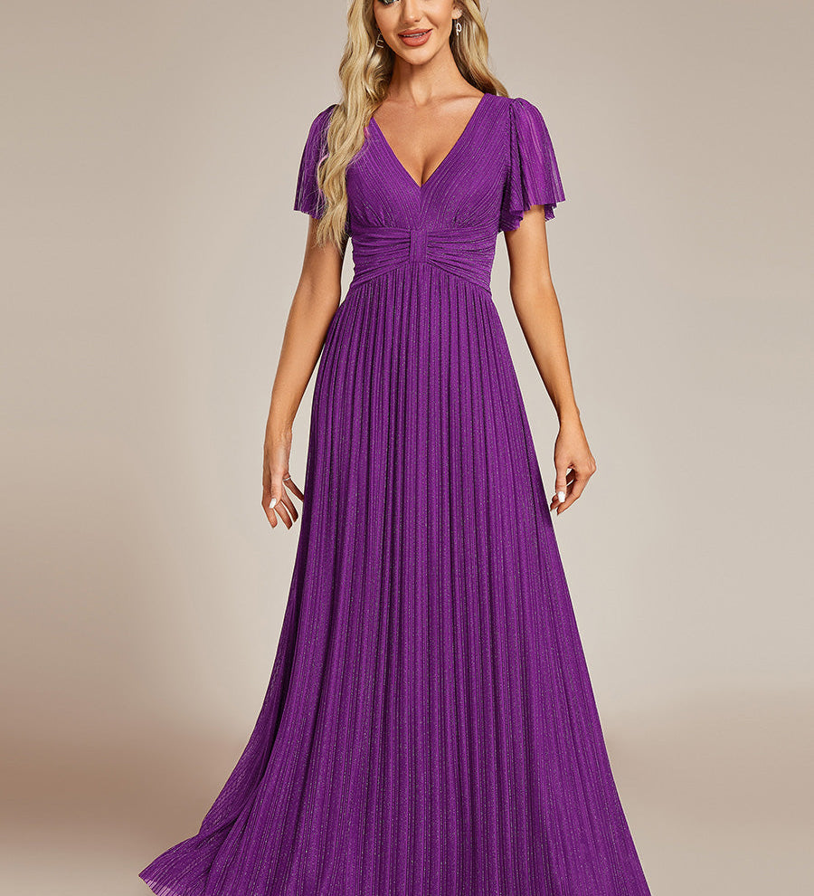 ever DAPHNE|Robe de soirée formelle scintillante à manches courtes et col en V