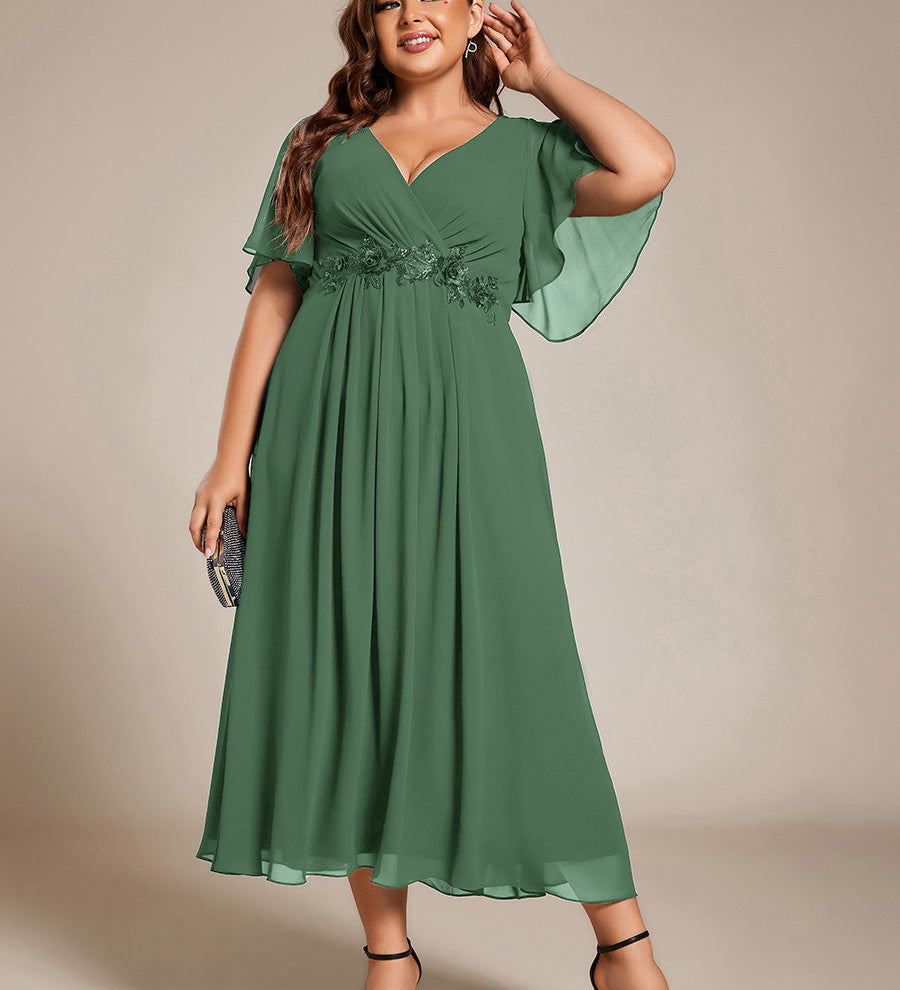 ever DAHLIA|Robe d'invité de mariage mi-longue en mousseline à col en V avec appliques à la taille