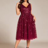 ever ROUX|Robe d'invité de mariage mi-longue trapèze à col en V et paillettes avec sans manches