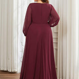 ever AMOUR|Robe de Soiree Longue Elegante Avec Lanterne en V Profond a Manches Fendues et Appliques