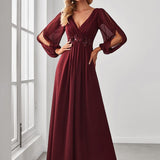 ever AMOUR|Robe de Soiree Longue Elegante Avec Lanterne en V Profond a Manches Fendues et Appliques