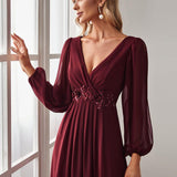 ever AMOUR|Robe de Soiree Longue Elegante Avec Lanterne en V Profond a Manches Fendues et Appliques