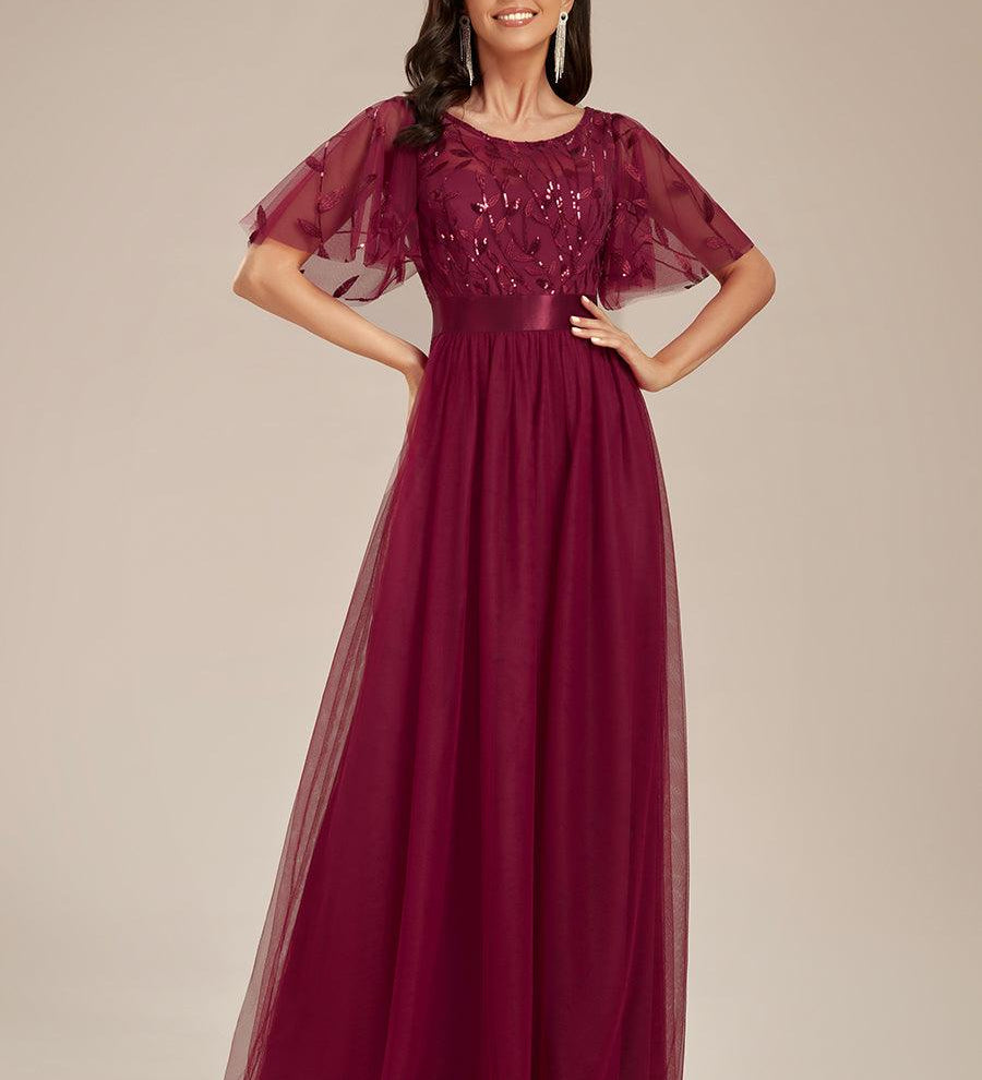 ever SAPHIR|Robes de soirée brodées à manches courtes A-Line pour femmes