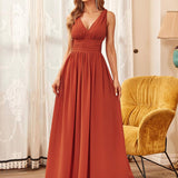 ever HUSH|Robe de soirée plissé sans manches à col V