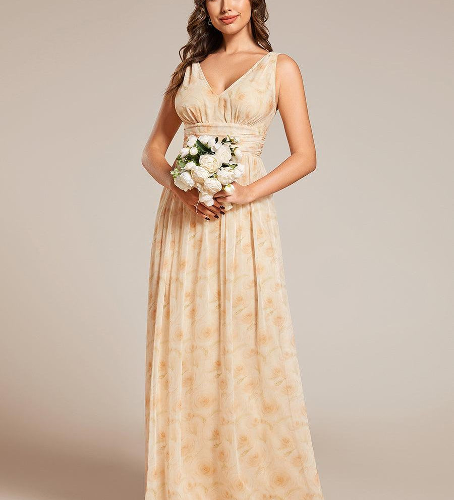 ever HUSH|Robe de soirée plissé sans manches à col V